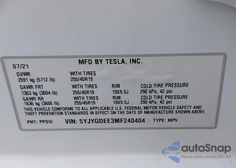 2021 Tesla Model Y Long Range Dual Motor All-Wheel Drive from USA, damaged, VIN 5YJYGDEE3MF240404